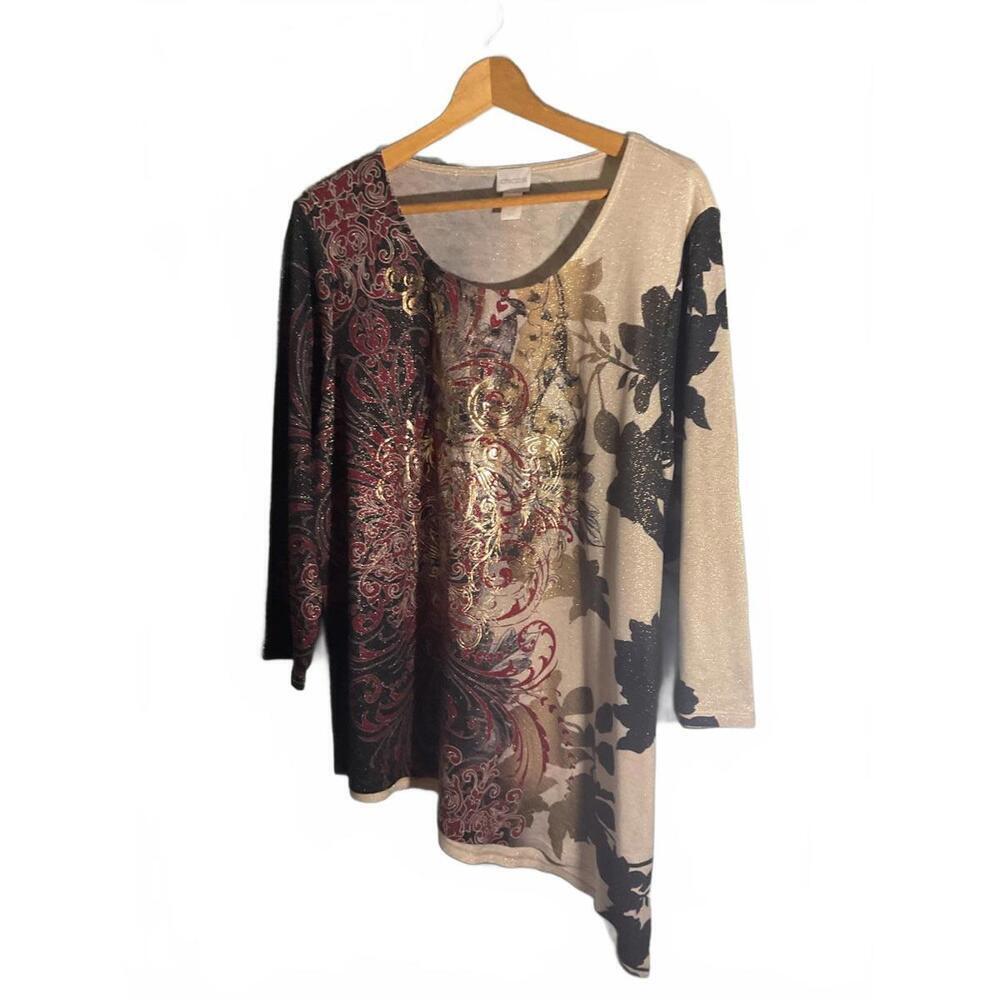 Chico's Long Sleeve Asymmetrical Tunic Top with Floral and Scroll Print XL